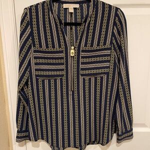Michael Kors Women's Blue Yellow Chain Print Zip Equestrian Long Sleeve Blouse M
